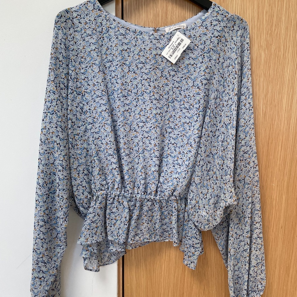 Demure Sweet LoveShackFancy SILK Nellie Romantic Blouse in delicate floral blue.